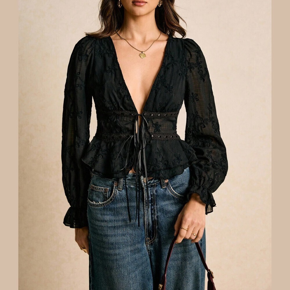 Black Embroidered Semi-sheer Deep V Neck Tie Front Peplum Blouse - Picture 7 of 8